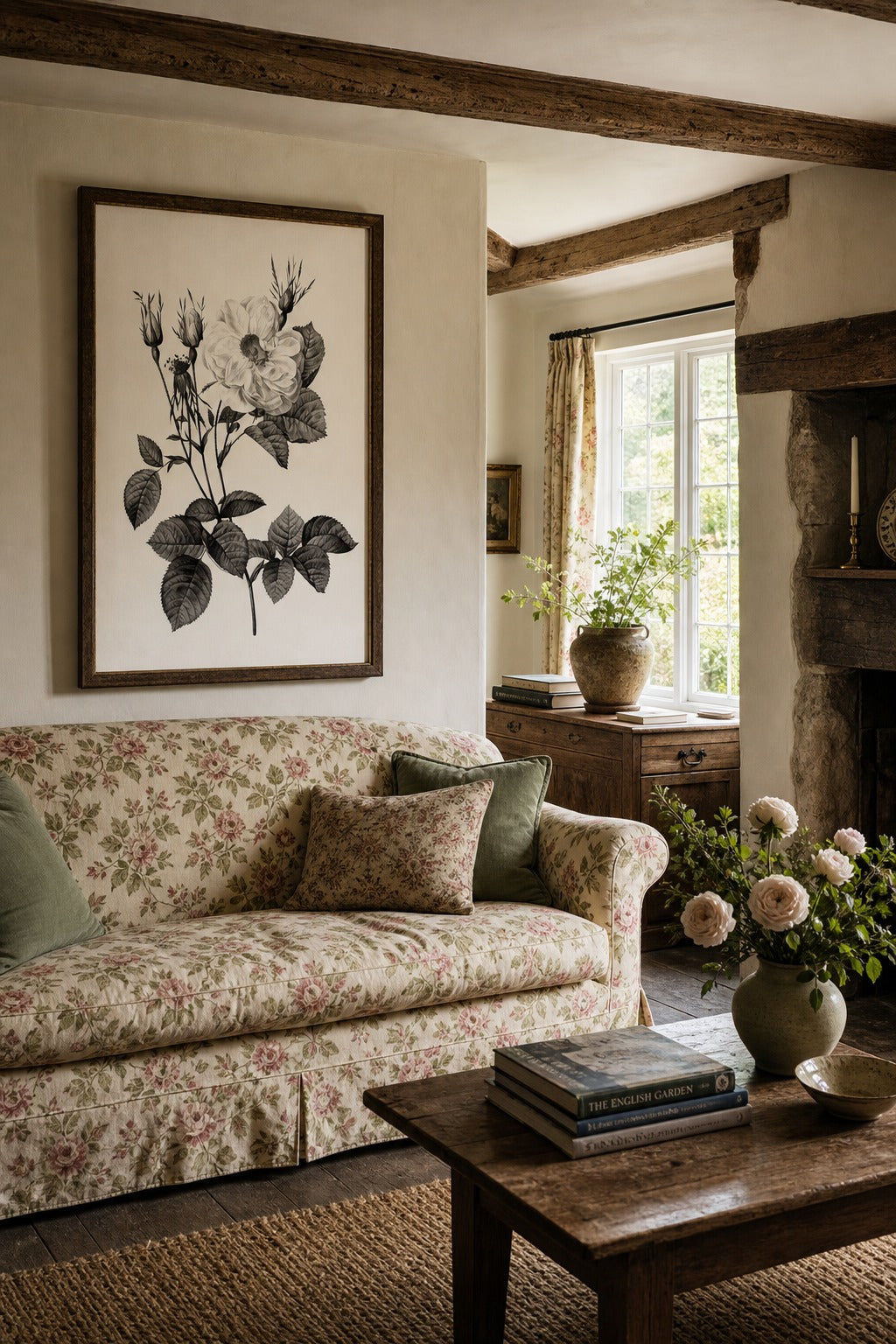 Alba Rose art print shown to scale on a wall