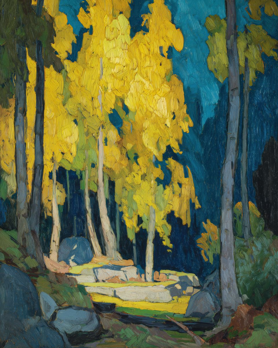 Oil painting of golden autumn birch trees in a rocky forest clearing surrounded by dark evergreens.