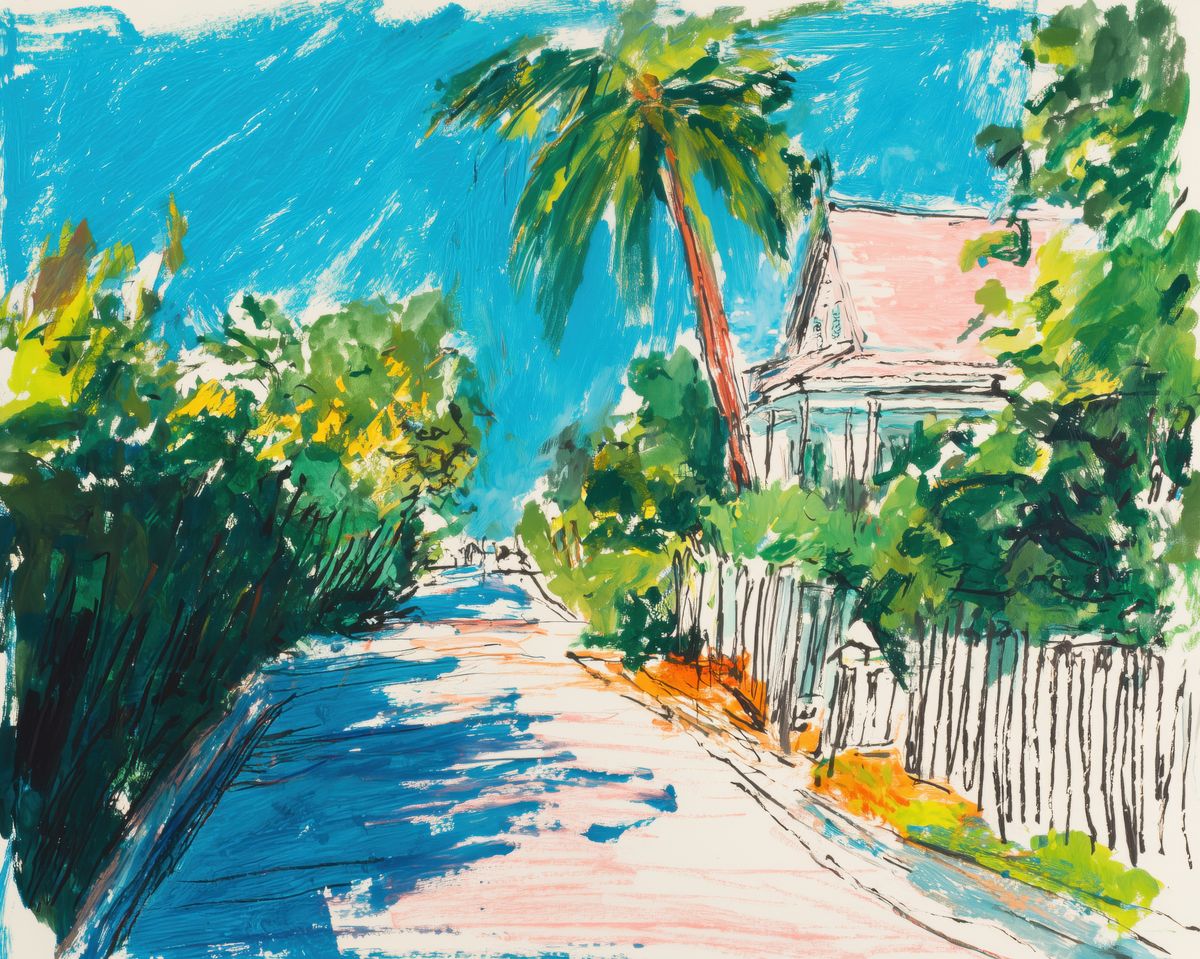 A painted tropical lane lined with dense green foliage, a leaning palm tree, and a white-fenced pink cottage under a bright t