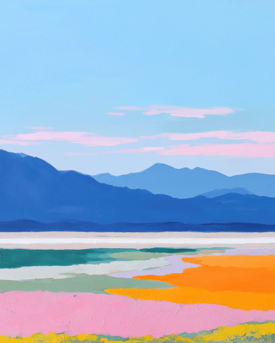 A colorful desert basin with patterned salt flat pools in the foreground, blue mountain ranges in the distance, and a pale bl
