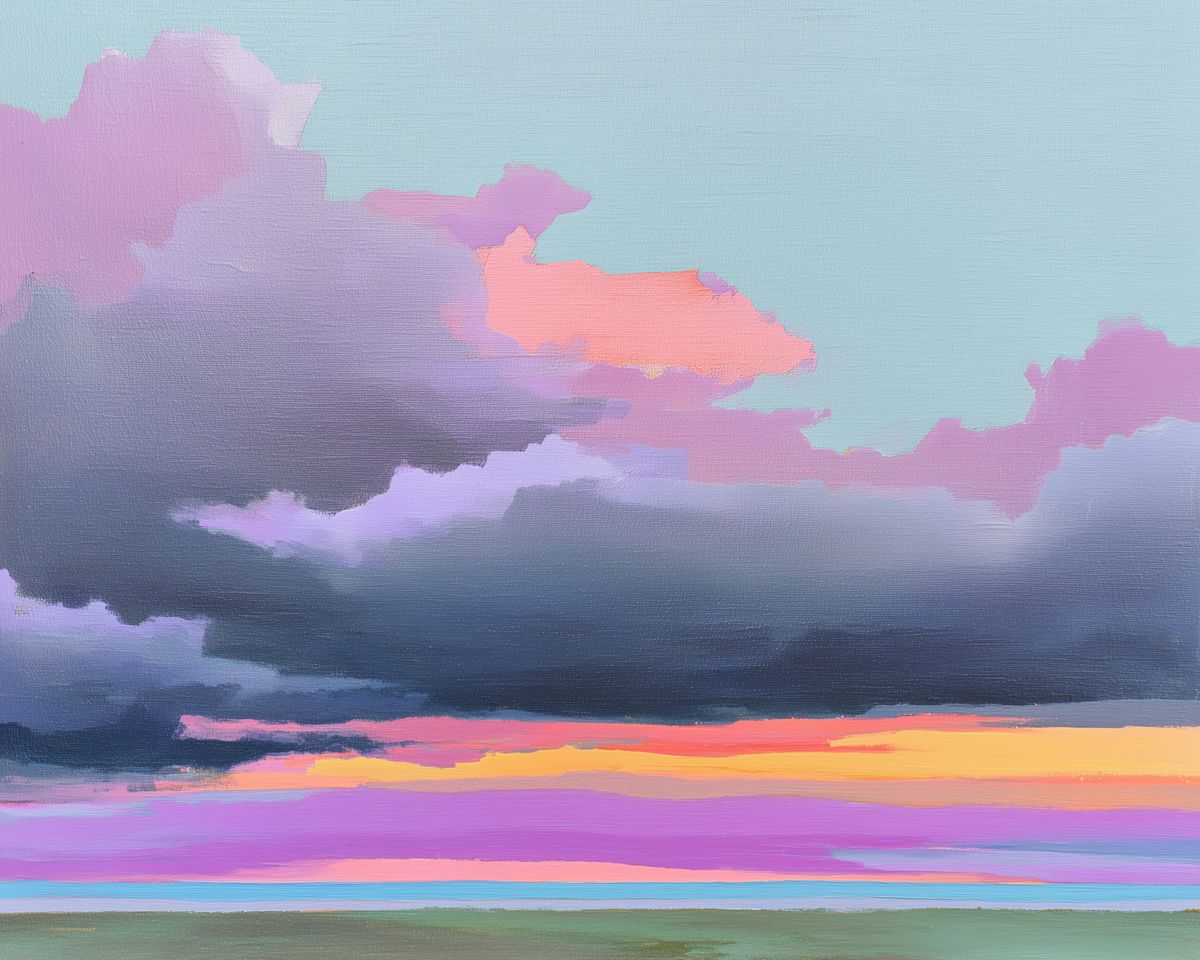 An oil painting of a stormy sunset sky with dark clouds, a glowing orange and yellow horizon band, and a flat landscape below