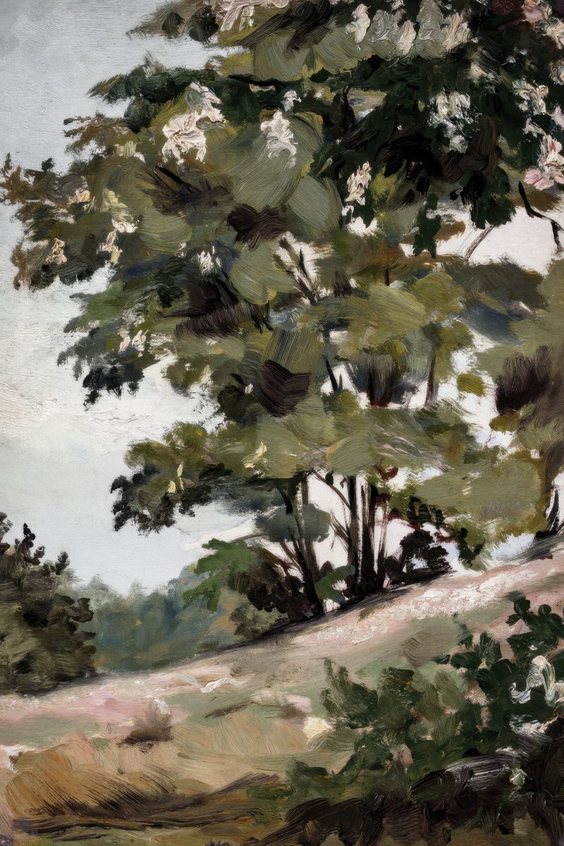 An oil painting of a large flowering tree on a wooded hillside with a pale overcast sky and a dirt path in the foreground.