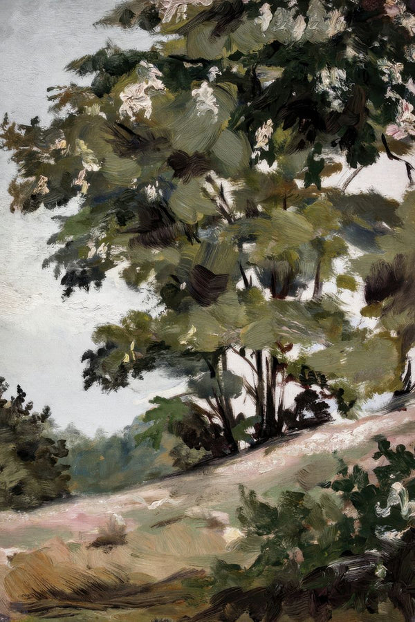 An oil painting of a large flowering tree on a wooded hillside with a pale overcast sky and a dirt path in the foreground.
