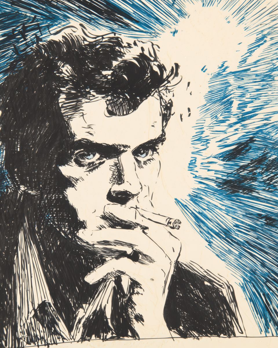 A man with dark hair holds a cigarette to his lips, drawn in black ink with blue hatching radiating behind him on a cream bac