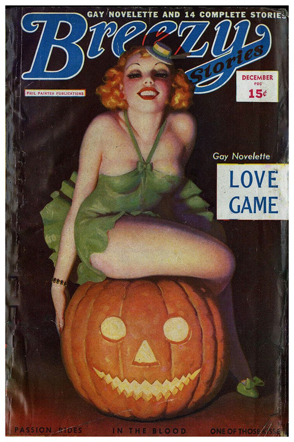 A smiling red-haired pin-up woman in a green dress sits on a carved jack-o'-lantern beneath the Breezy Stories pulp magazine