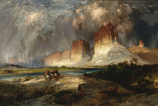 Native American riders on horseback crossing a river before towering red sandstone cliffs under a dramatic stormy sky.