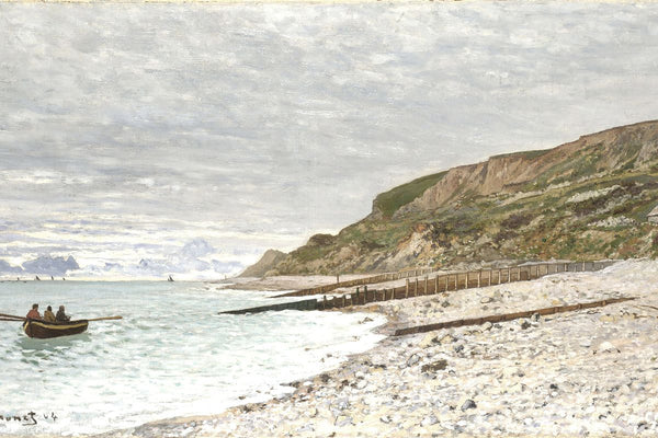 Three figures in a wooden rowboat near a rocky pebble beach beneath tall green-capped chalk cliffs on an overcast day.