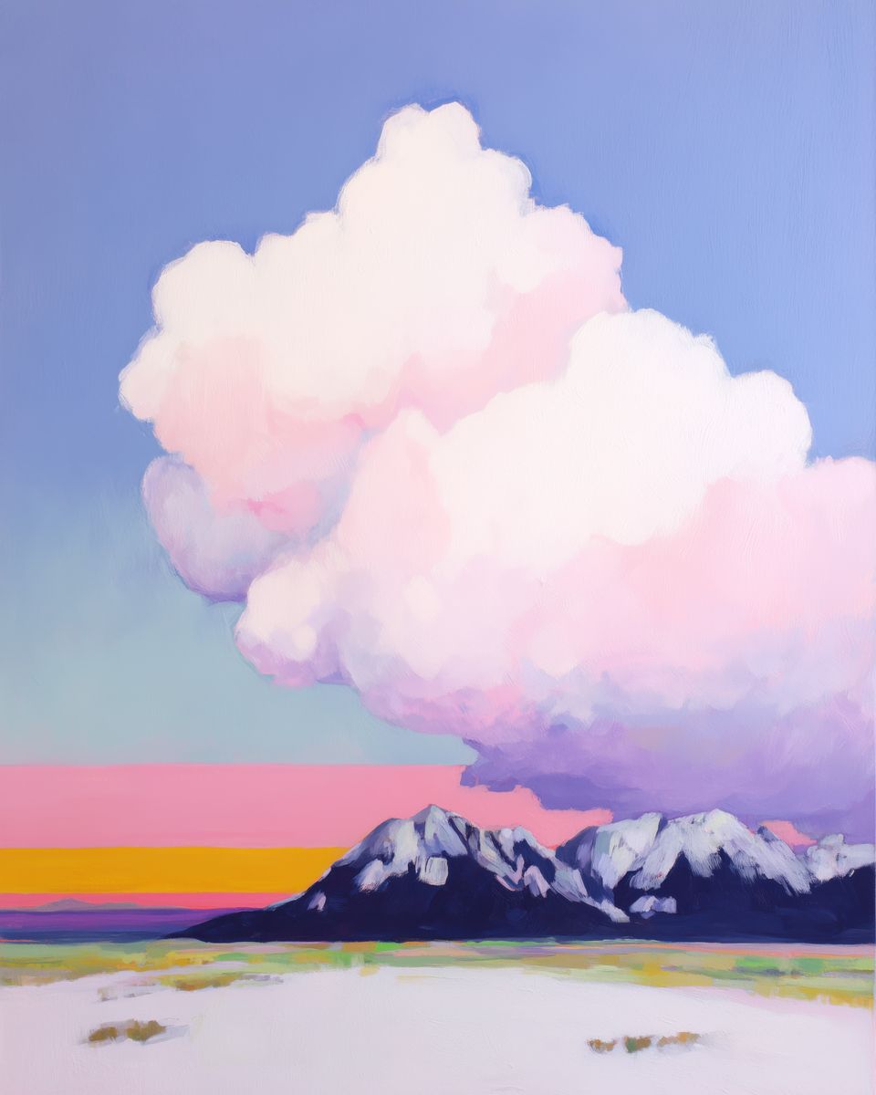 A large pink and white cumulus cloud rises above snow-capped dark mountains, with a vivid pink and yellow horizon band and a