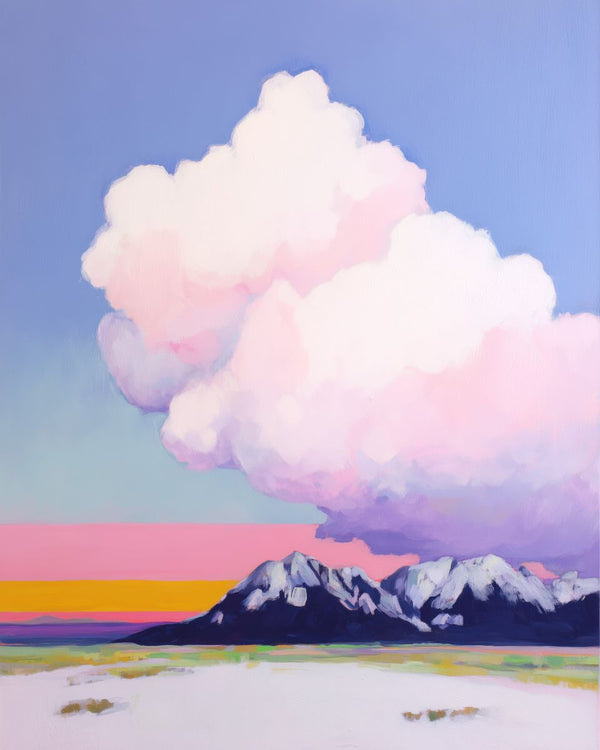 A large pink and white cumulus cloud rises above snow-capped dark mountains, with a vivid pink and yellow horizon band and a