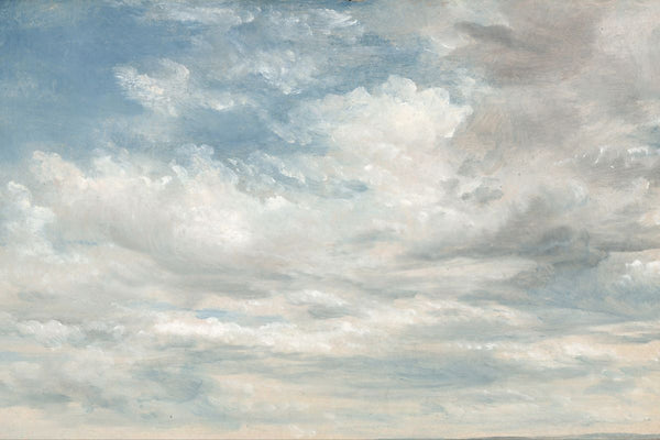 An oil painting of a vast cloudy sky filled with cumulus and stratus clouds in white and gray with pale blue gaps.