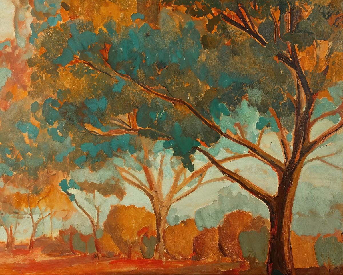 A painted grove of trees with orange-brown trunks and teal-green canopies above a red-earth ground.