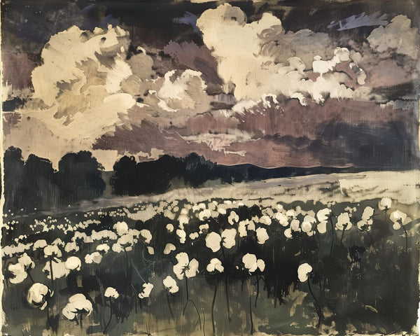 A cotton field in near-darkness beneath a large, turbulent storm sky filled with heavy cream and purple-gray clouds.
