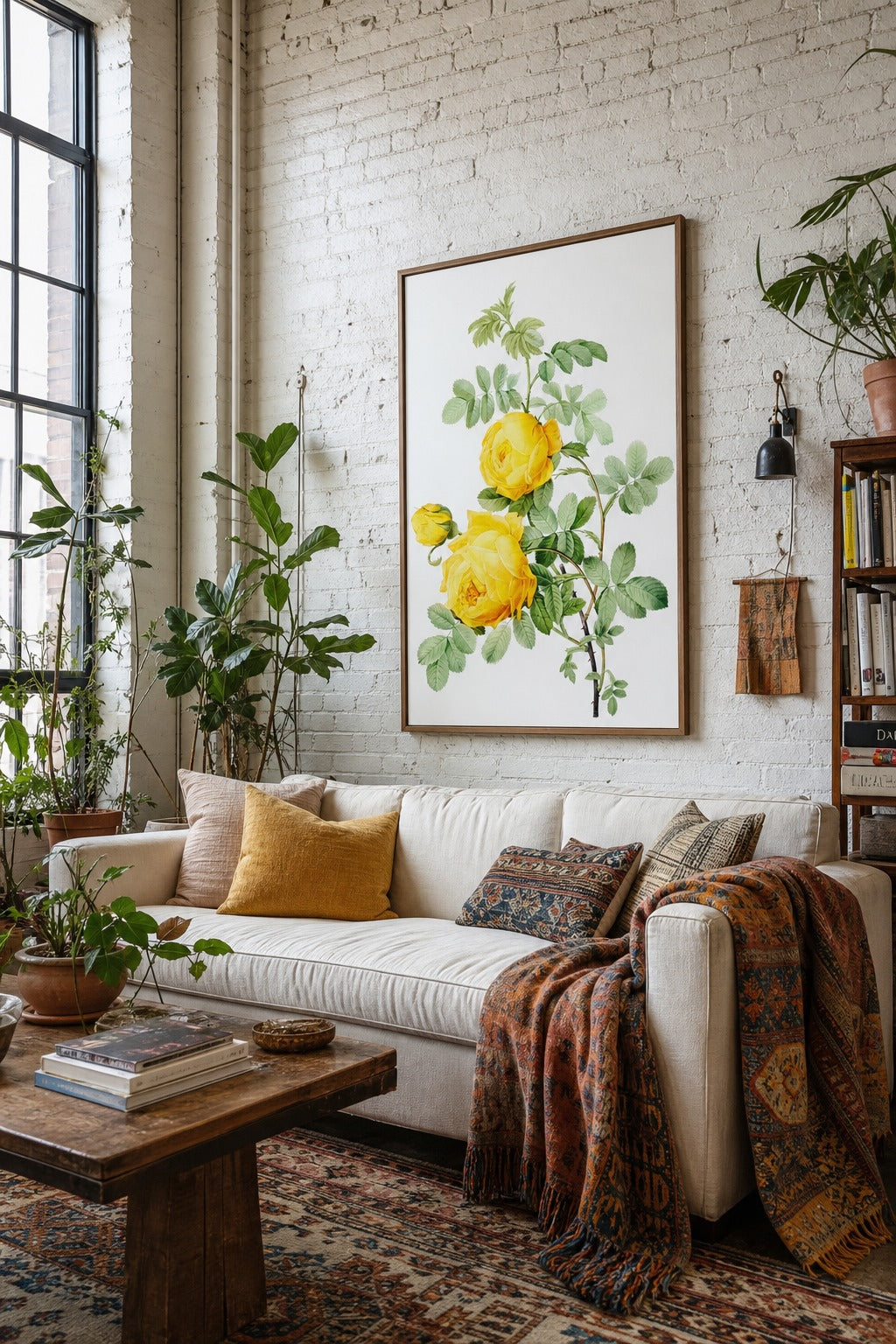 Cowslip Rose art print shown to scale on a wall