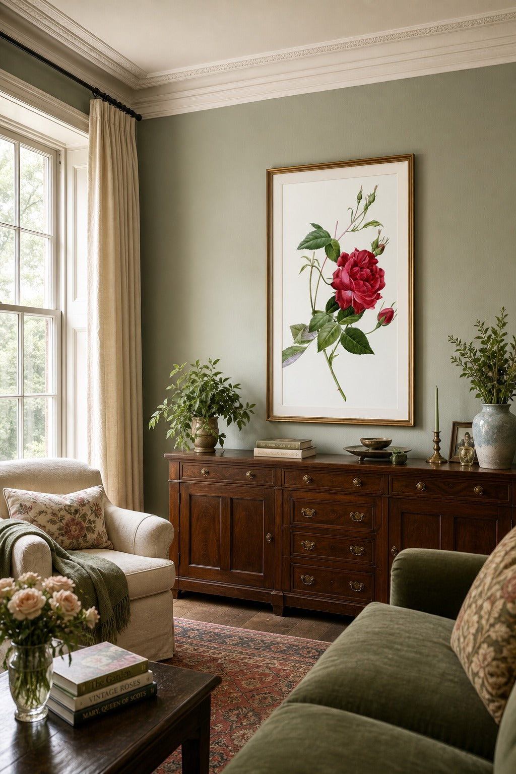 Cowslip Rose art print shown to scale on a wall