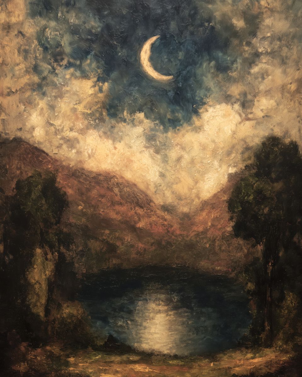 A nocturnal oil painting landscape with a crescent moon above storm clouds, dark trees framing the sides, rust hills in the b