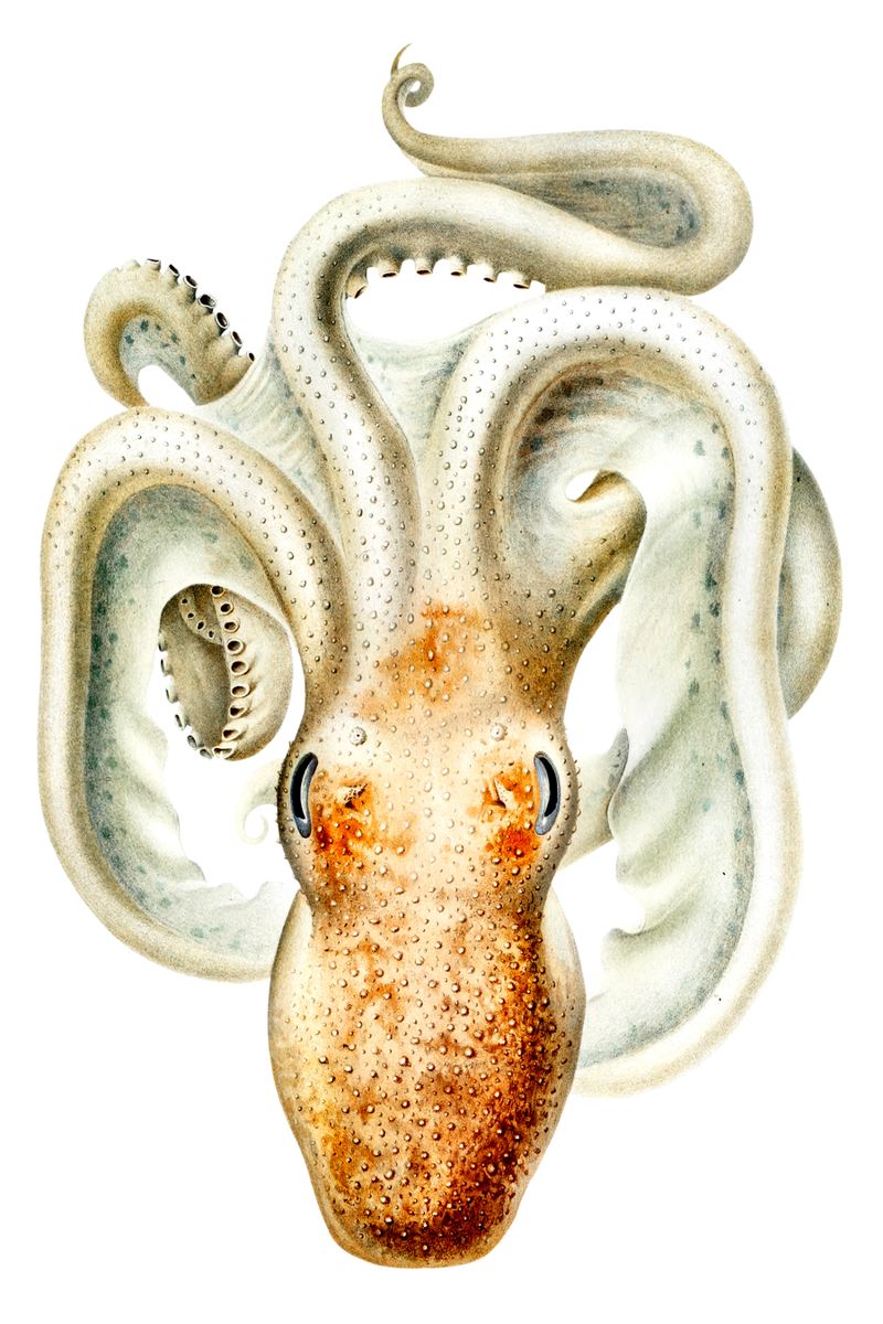 A naturalistic illustration of an octopus viewed from above on a white background, with tentacles curling outward and suckers