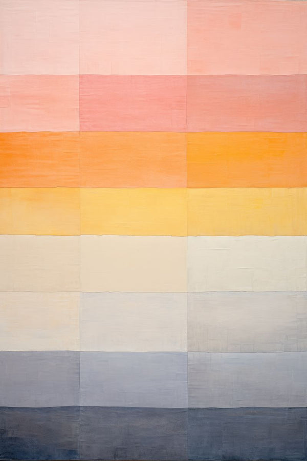 Horizontal bands of color in a grid formation graduating from blush pink at top through orange and yellow to gray and deep sl