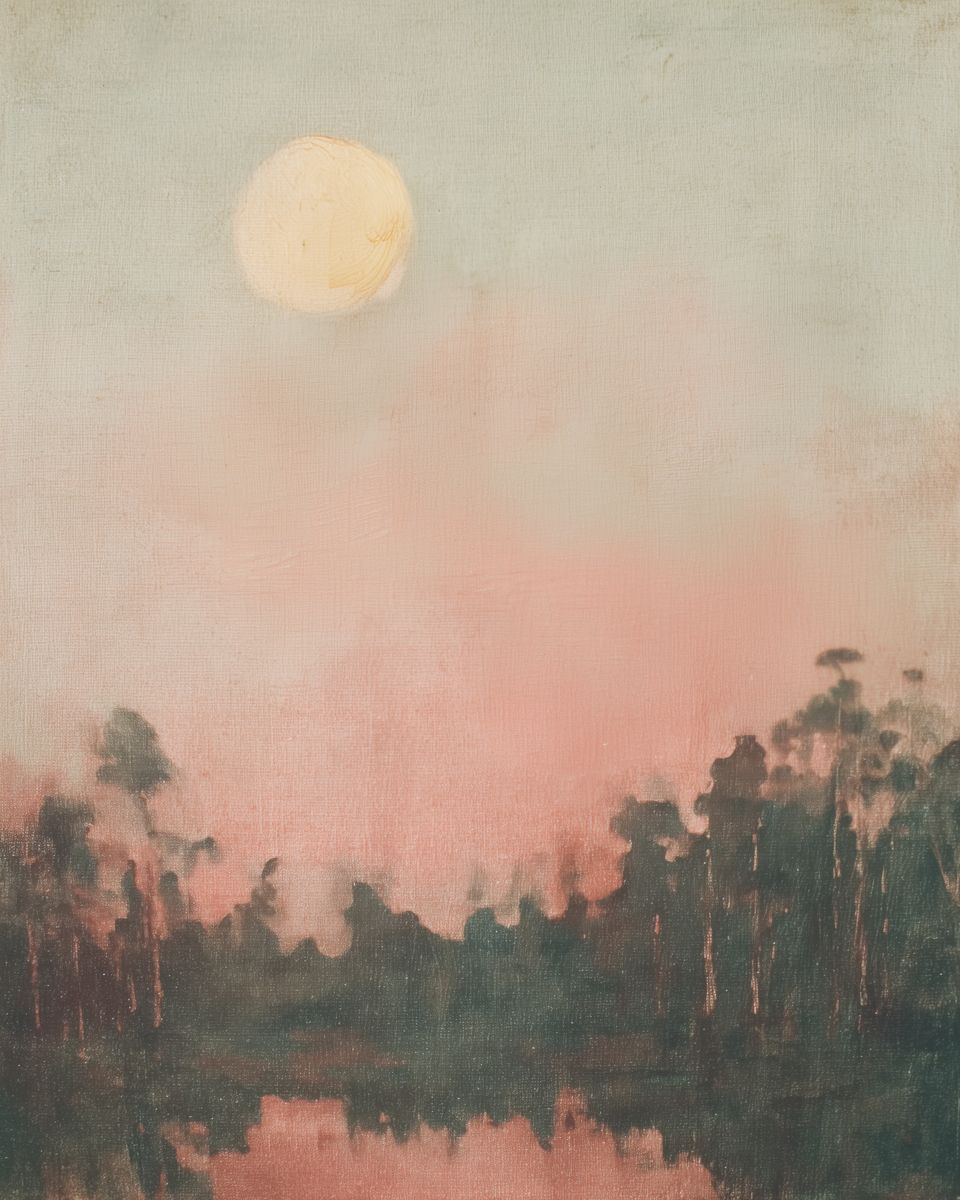 A pale full moon above a dark silhouetted treeline with a pink-hued sky and water reflection below.