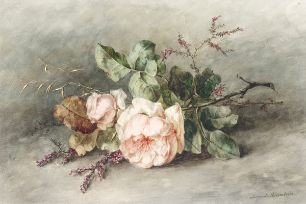 Two blush pink roses with ivy, dried grass, heather sprigs, and red berry stems arranged on a flat pale surface against a gra