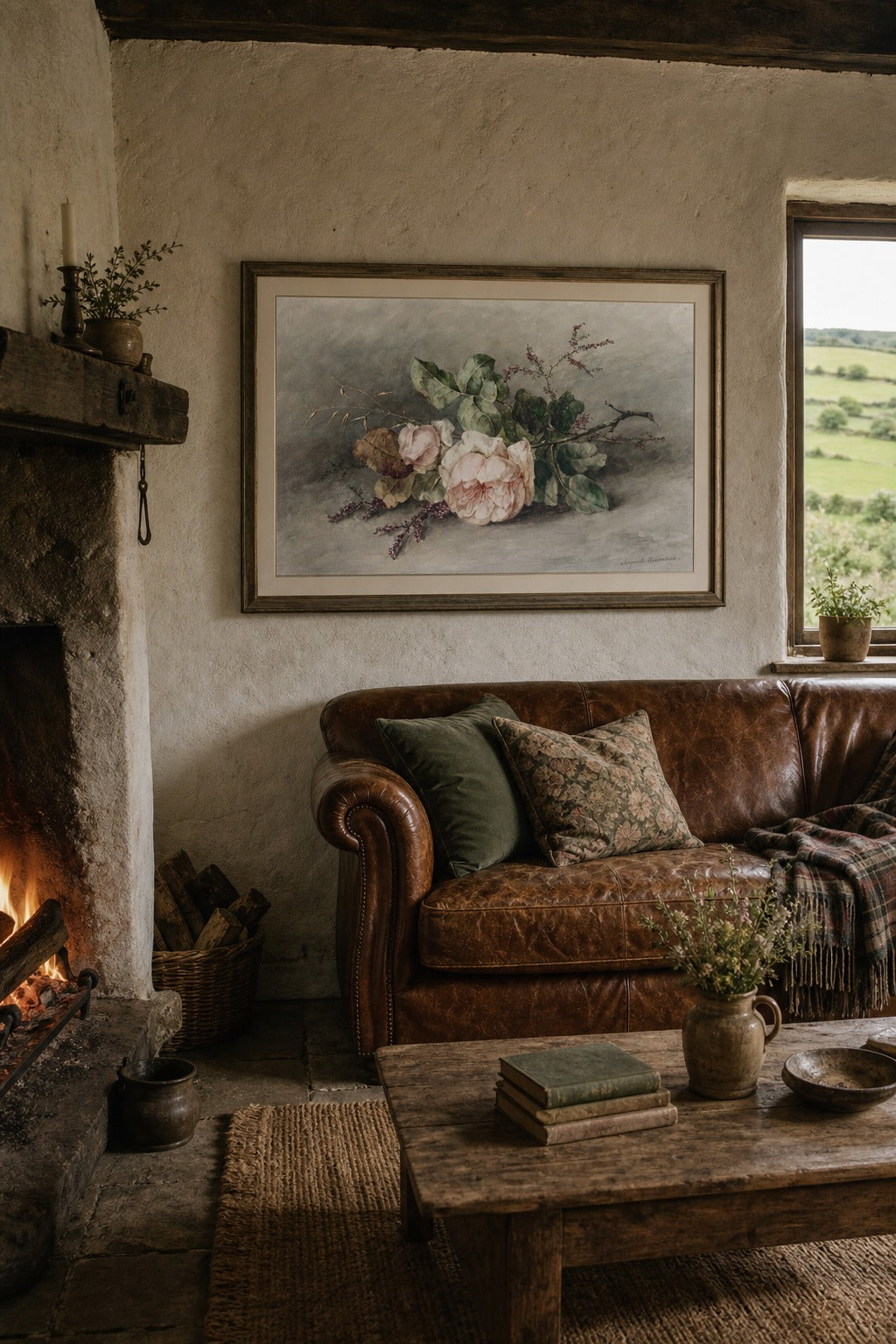 Fallen Roses art print shown to scale on a wall