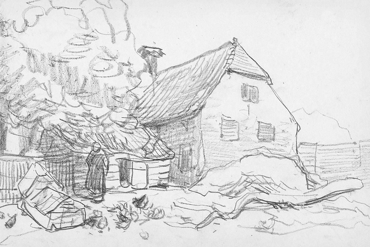 Pencil sketch of a thatched farmhouse with a standing figure in a cluttered rural yard, large trees behind.