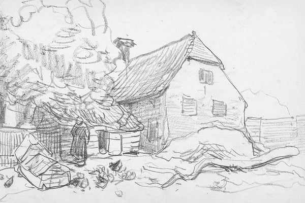 Pencil sketch of a thatched farmhouse with a standing figure in a cluttered rural yard, large trees behind.
