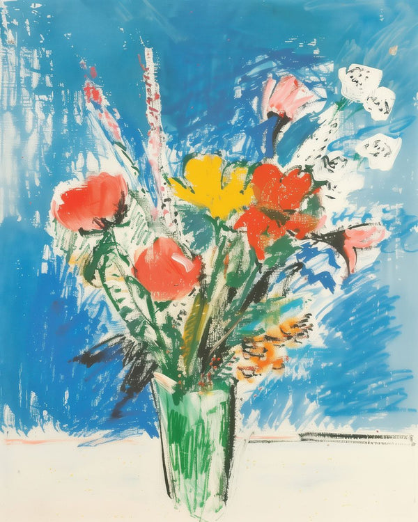 A mixed-flower bouquet in a green glass vase against a bright blue painted background.