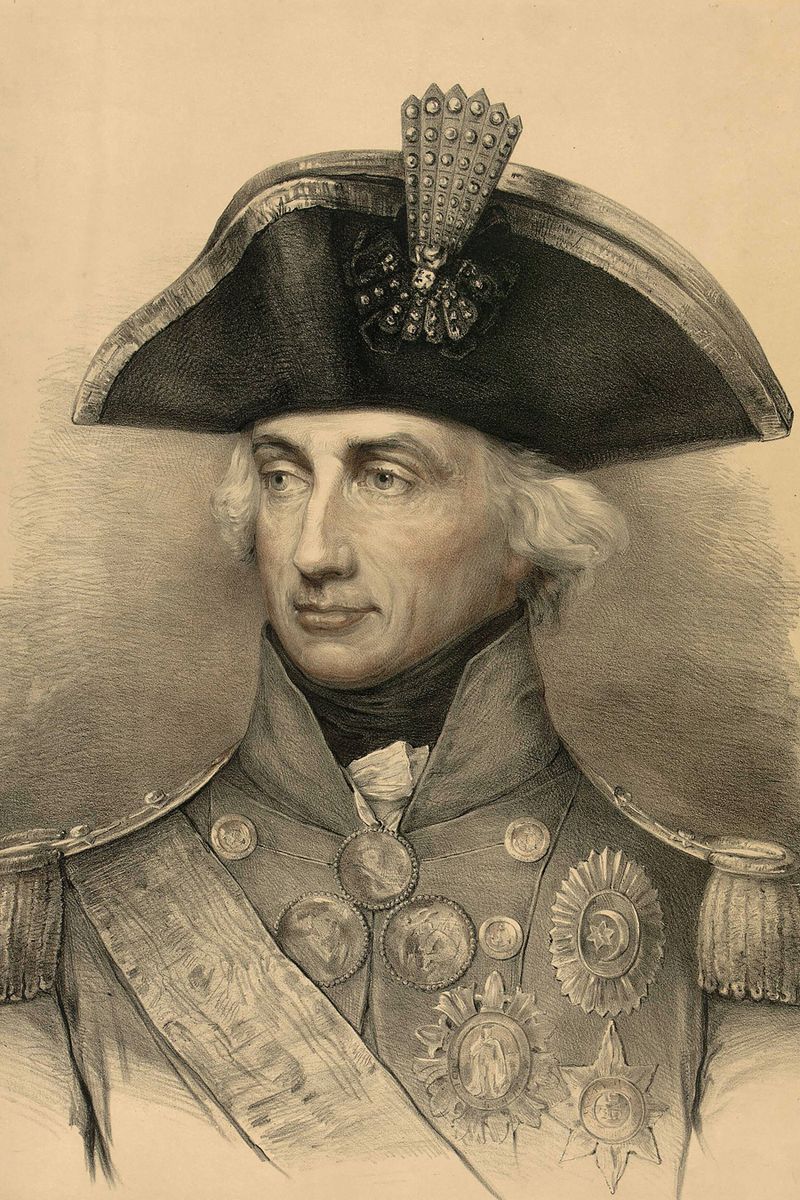 Bust-length engraved portrait of an 18th-century naval officer in full dress uniform with bicorn hat and numerous medals.