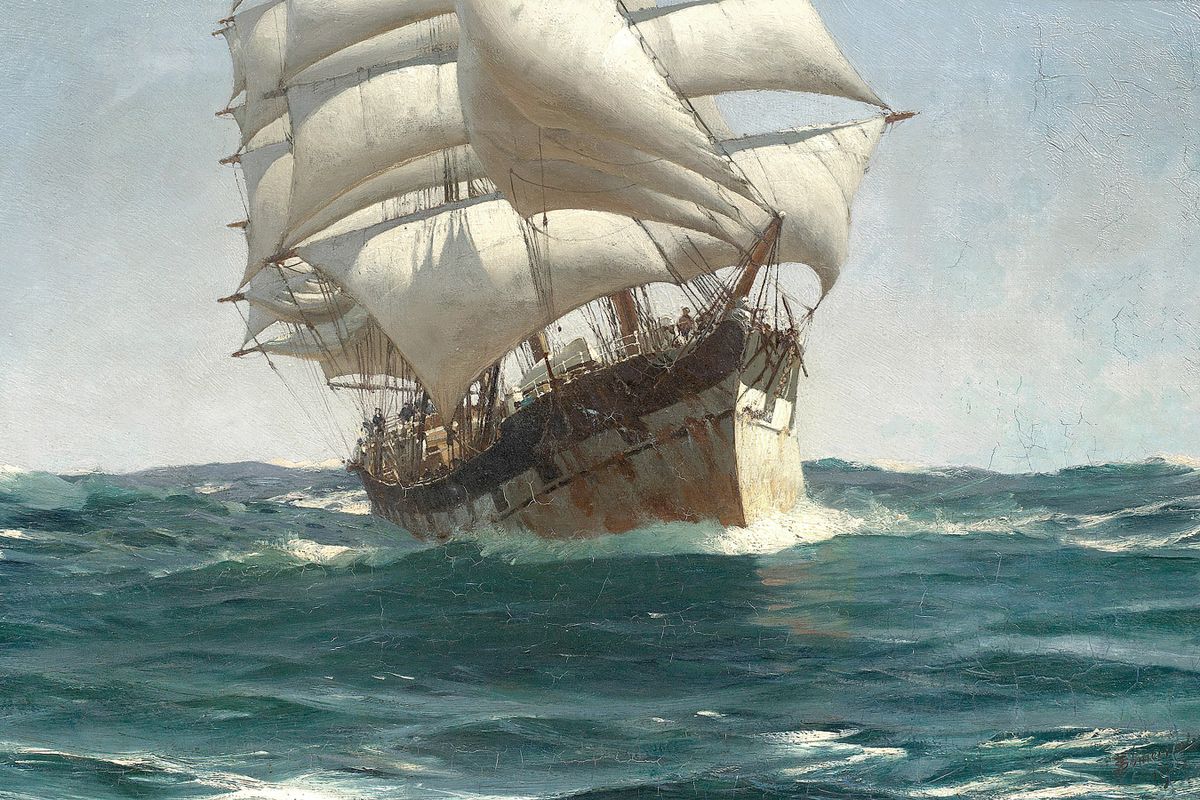 A tall square-rigged sailing ship under full white sails powers through heavy ocean swells toward the viewer.