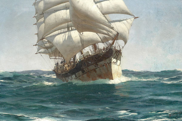 A tall square-rigged sailing ship under full white sails powers through heavy ocean swells toward the viewer.