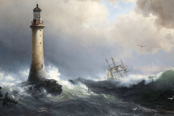 A stone lighthouse on storm-battered rocks with a tall sailing ship in distress in churning sea beyond, under a dramatic stor