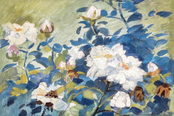 Multiple white flowers and pink buds painted among blue and green foliage in a loose impressionist style.