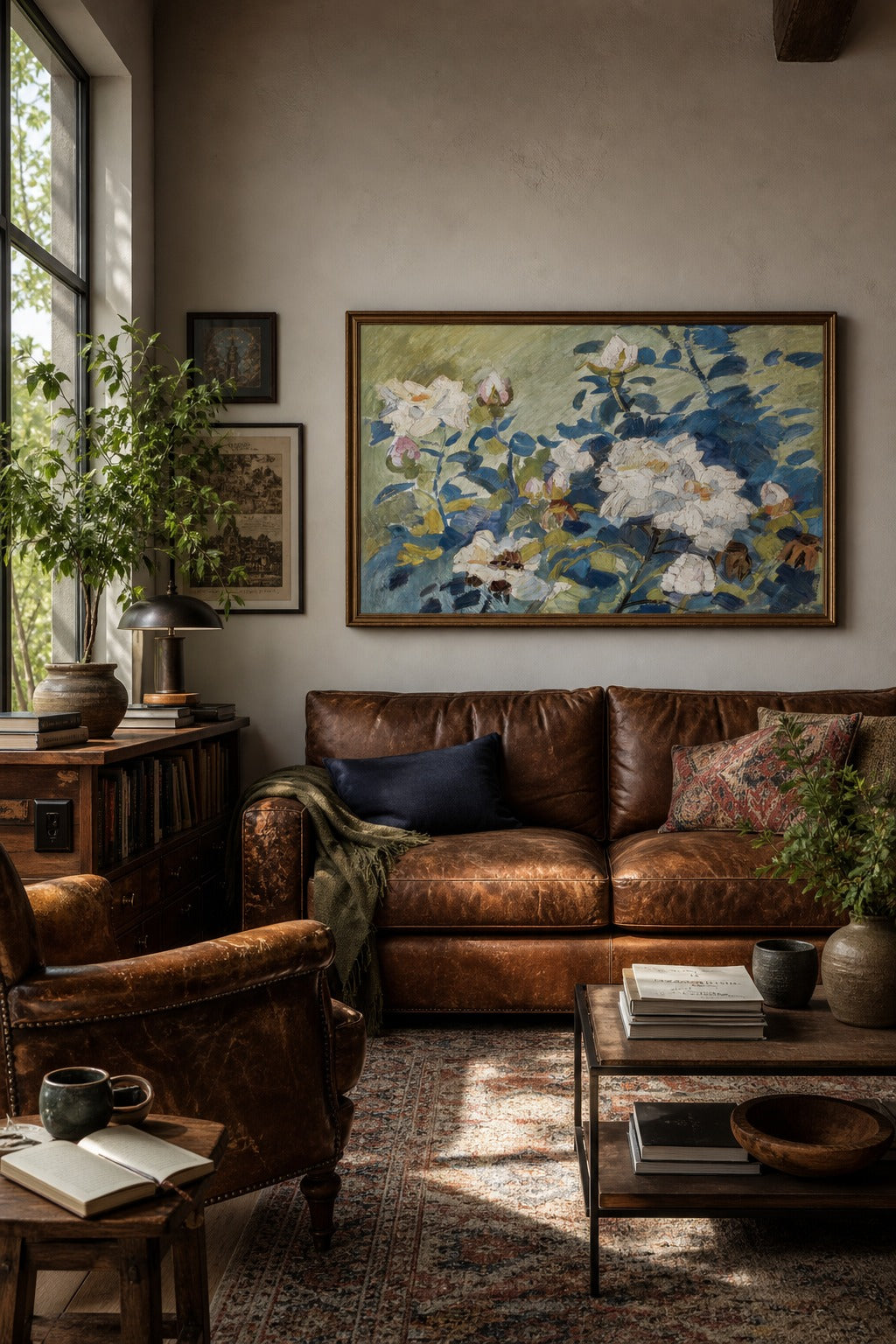 Garden Blue art print shown to scale on a wall
