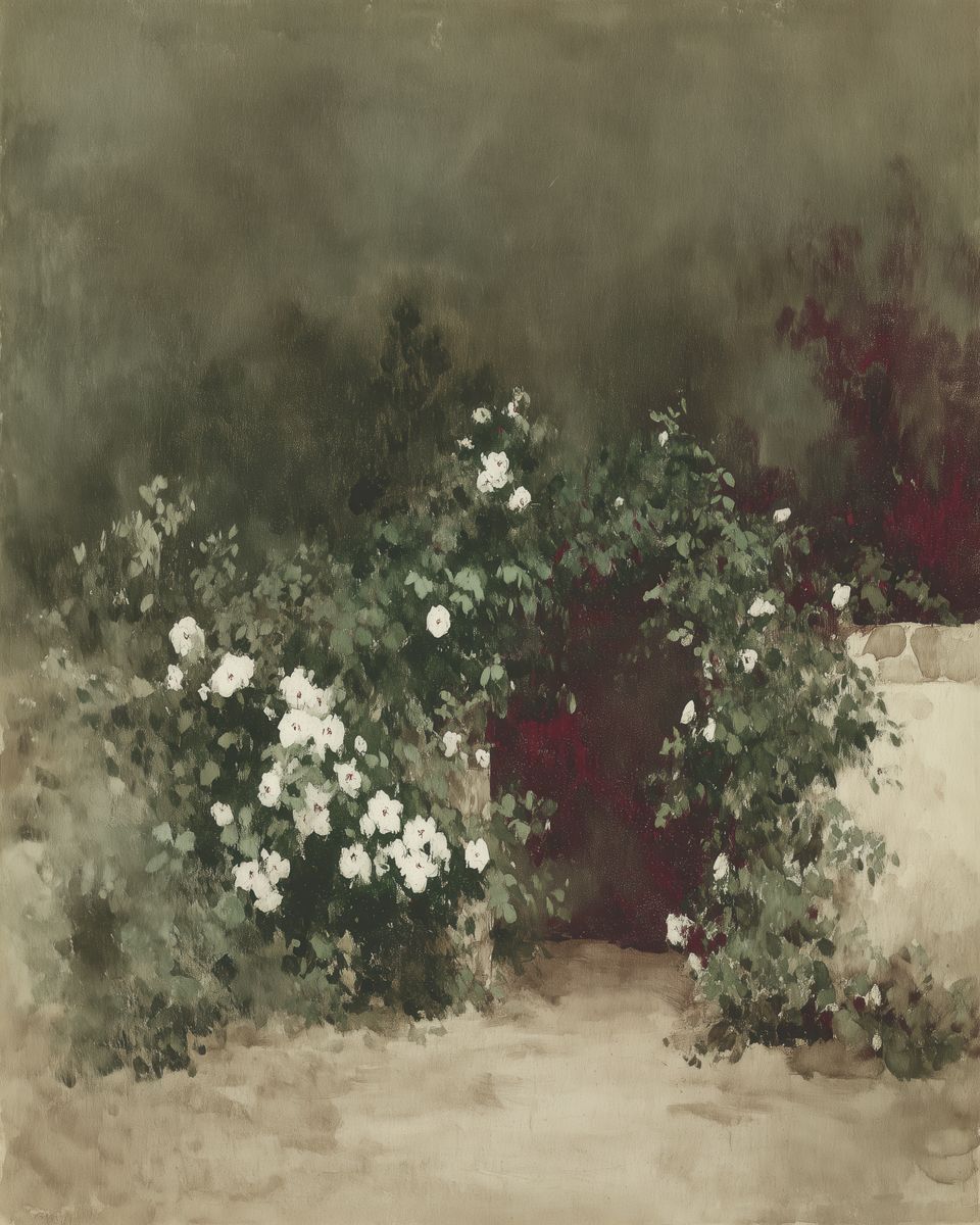 White rose bushes flanking a narrow garden path leading to a dark red doorway, painted in muted greens and deep crimson.