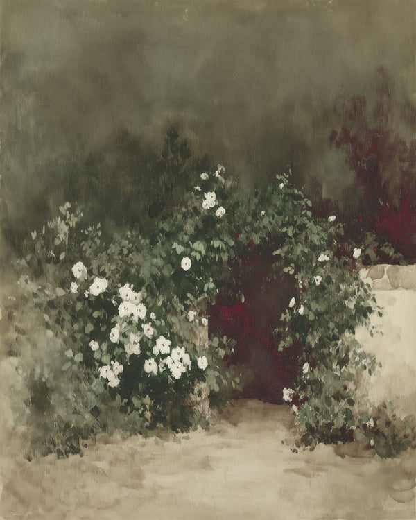White rose bushes flanking a narrow garden path leading to a dark red doorway, painted in muted greens and deep crimson.