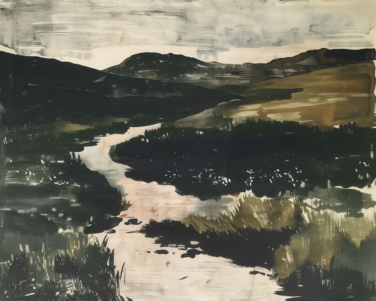 A winding river runs through a dark moorland valley toward low mountains under a heavy grey sky.