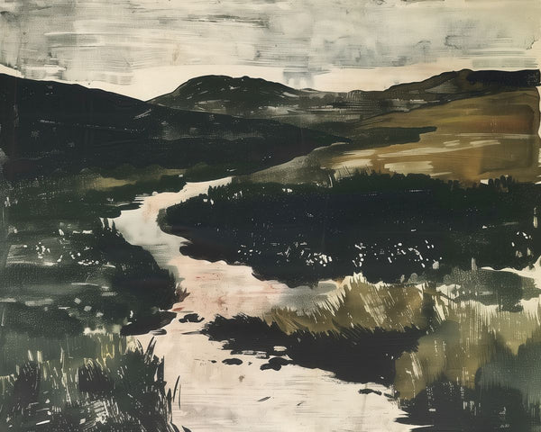 A winding river runs through a dark moorland valley toward low mountains under a heavy grey sky.
