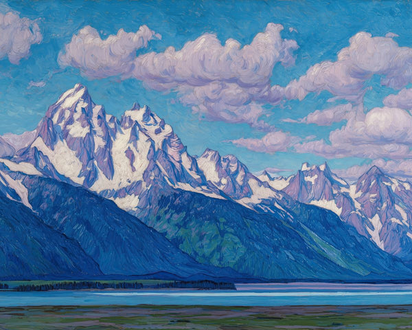 Snow-capped mountain range with a foreground lake and valley under a blue sky filled with large pink-white clouds.