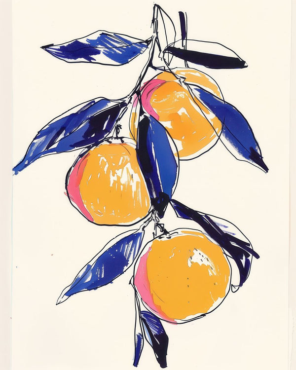 Three orange citrus fruits hanging from a branch with blue painted leaves on an off-white background.