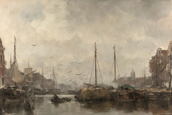 Oil painting of a foggy Dutch harbor canal with moored sailing barges, tall masts, seabirds, and a lone rowboat on still wate