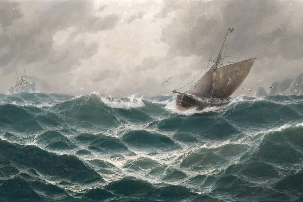 A wooden sailing boat with a single sail navigates rough ocean waves under a stormy overcast sky, with a steamship in the dis