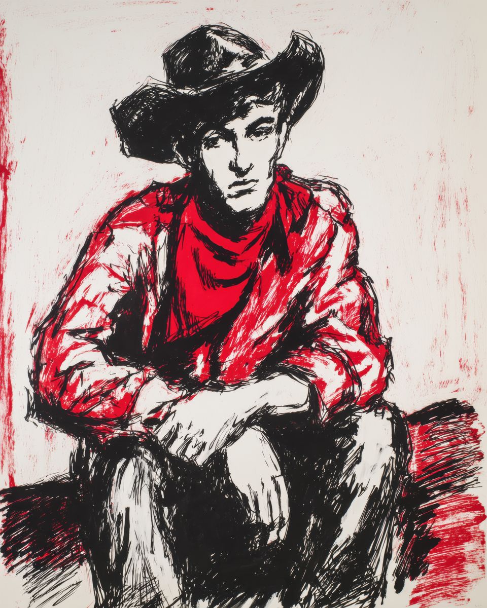 A seated young cowboy in a black hat and red shirt with a red bandana, rendered in loose black ink lines over flat red on a c