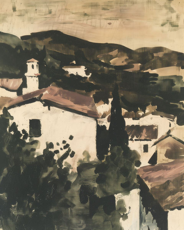 Painted view of a white Mediterranean hilltop village with a bell tower, terracotta rooftops, cypress tree, and dark hills be