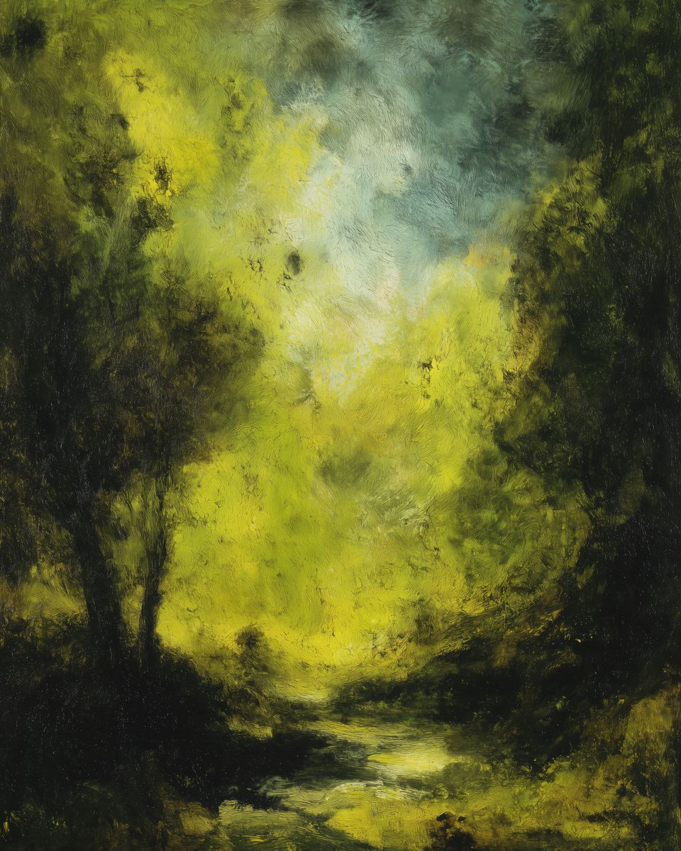 A forest interior with dark flanking trees, a glowing yellow-green canopy, and a small stream at the bottom center.