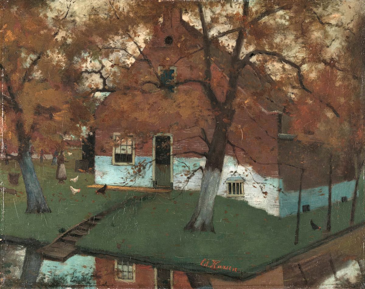 Oil painting of a rural farmhouse surrounded by autumn trees with chickens in the yard and a pond reflection in the foregroun
