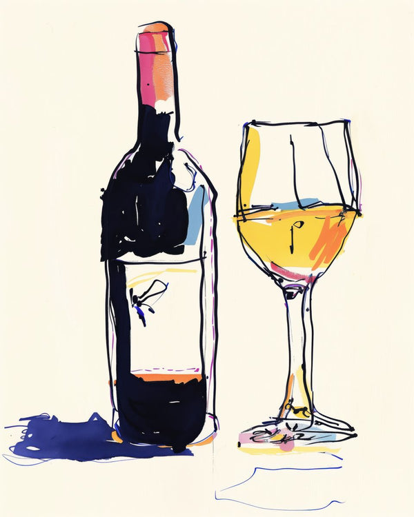 A dark wine bottle and a stemmed glass of golden white wine drawn in loose ink on a cream background.