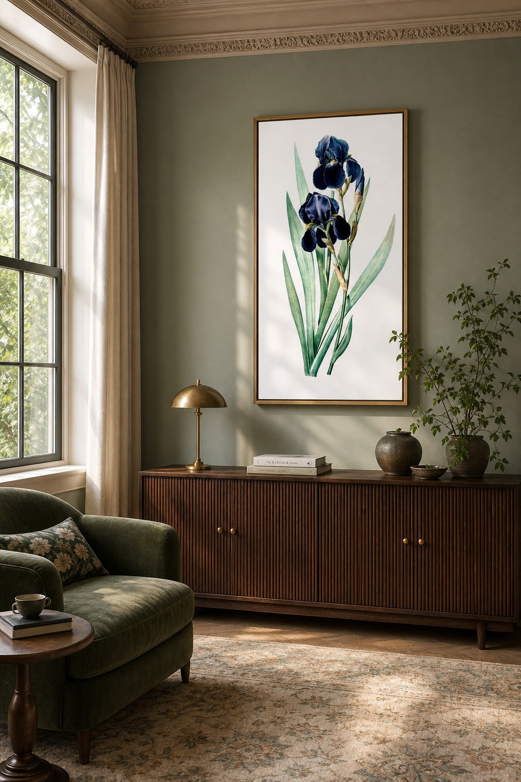 Iris art print shown to scale on a wall