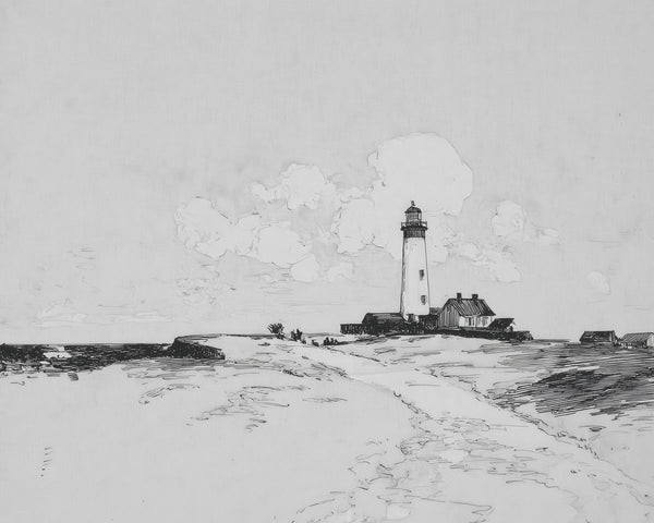 A pen-and-ink sketch of a coastal lighthouse, keeper's house, and outbuildings on a sandy dune under a cloudy sky.