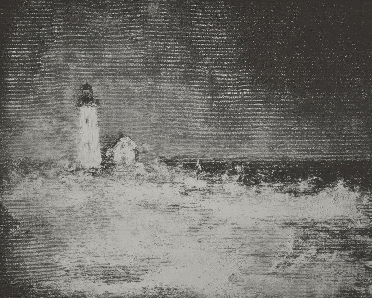 A black-and-white illustration of a lighthouse and small cottage surrounded by crashing ocean waves under a dark storm sky.