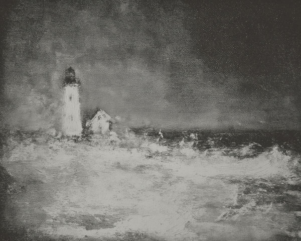 A black-and-white illustration of a lighthouse and small cottage surrounded by crashing ocean waves under a dark storm sky.